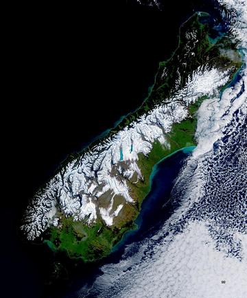The Alpine Fault can be seen from space as a line along the western edge of the Southern Alps.