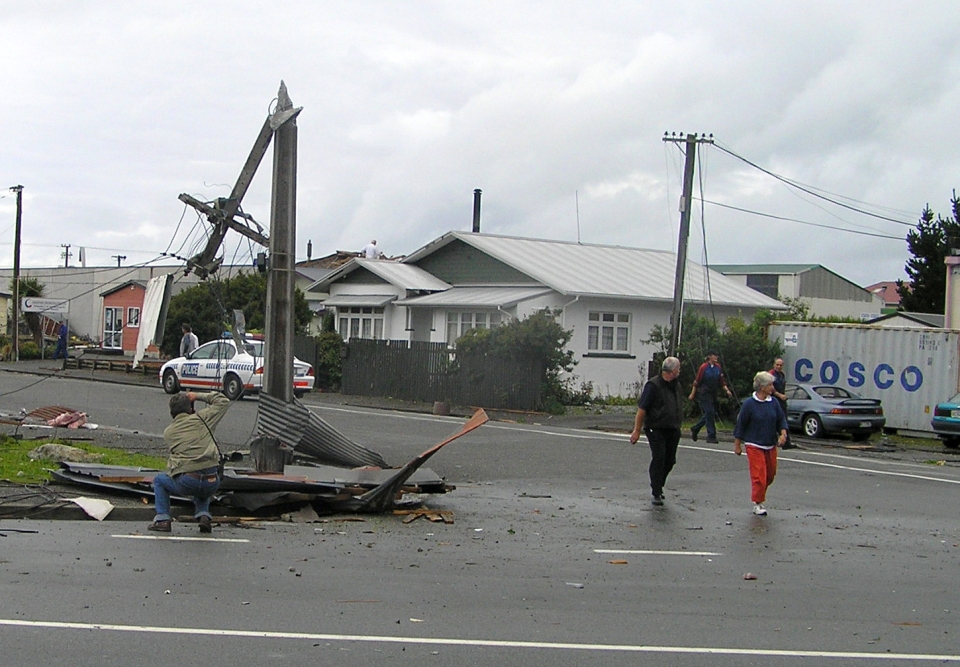 This image shows damage from a small tornado in Greymouth. Image: NEMA.
