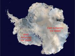 The ice sheet that covers almost all of Antarctica is made up of two ice sheets that merge into one. The East Antarctic ice sheet is the larger of the two. Image: NASA (edited).