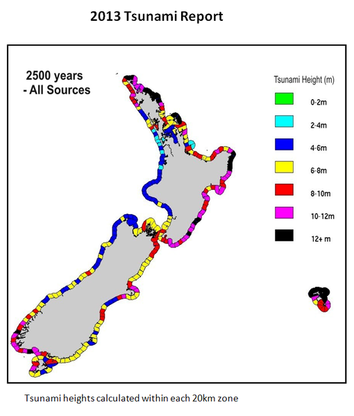 This map shows the size and location of tsunami in Aotearoa over the last 2500 years. Image: GNS Science.