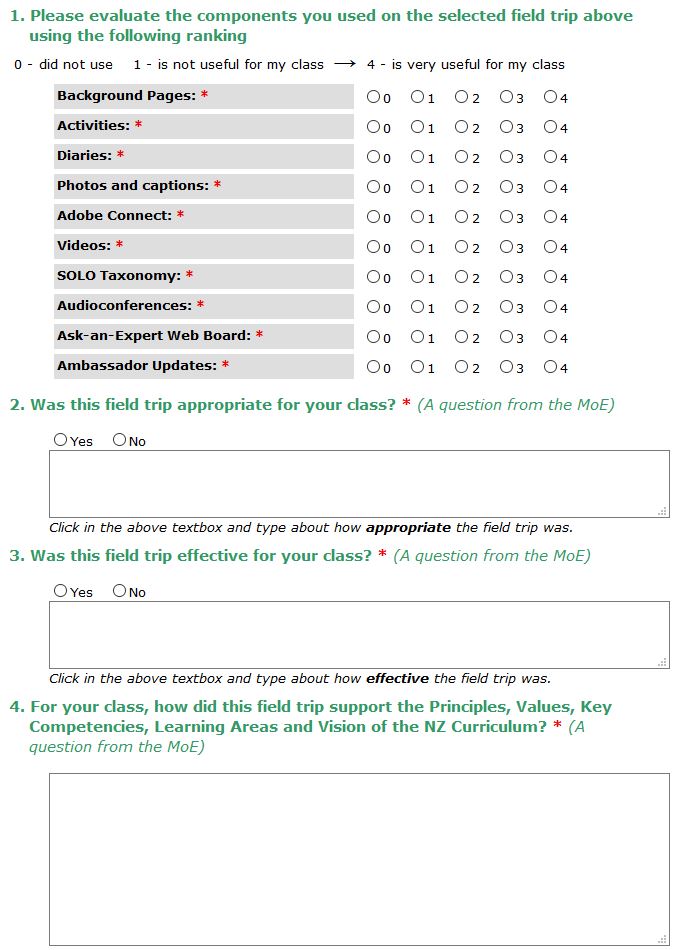 Screenshot of evaluation form for LEARNZ field trips.