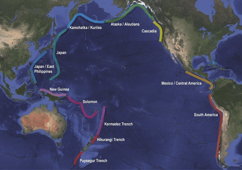 This map of the 'Pacific Ring of Fire' shows significant subduction zones which could generate tsunami. Image : GNS Science.