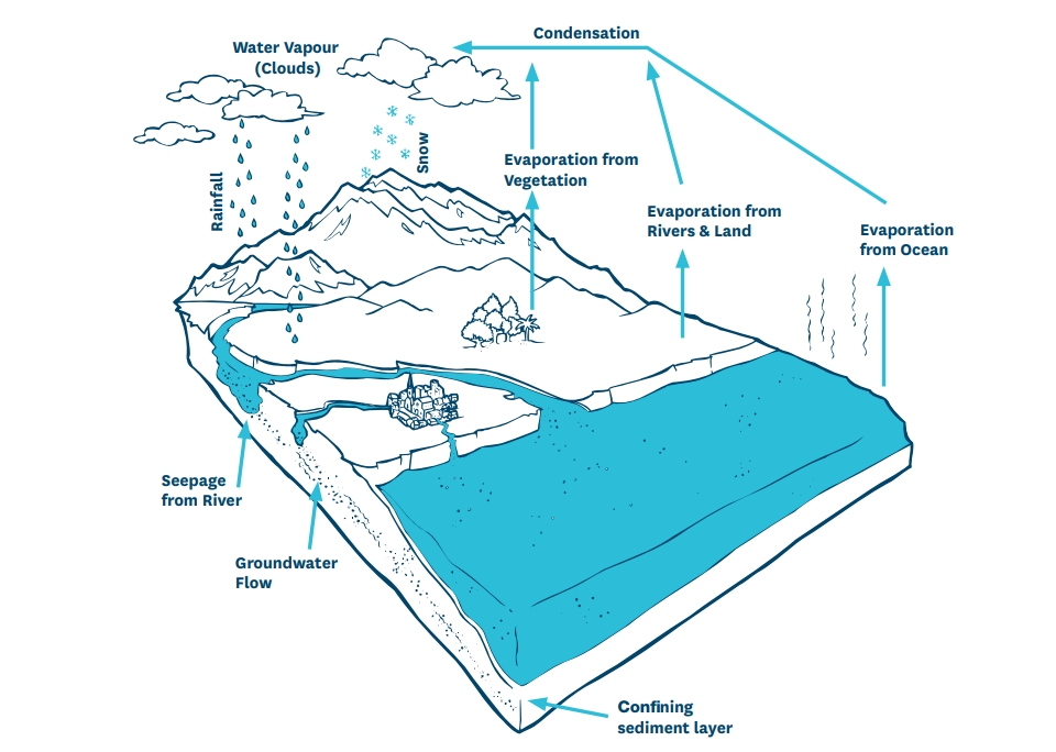 When water changes state, it can move between the air, ground, plants, rivers, and oceans. Image: Environment Canterbury.