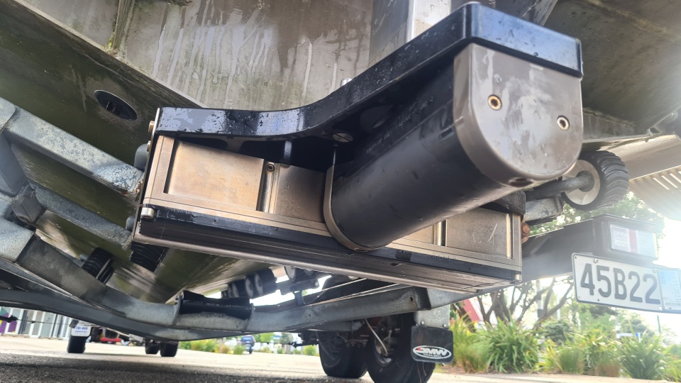 This is a transducer at the back of Tupaia, Discovery Marine Limited’s survey vessel. It is the part of a multi-beam echo sounder that sits in the water and sends out and receives sound waves. Image: LEARNZ.