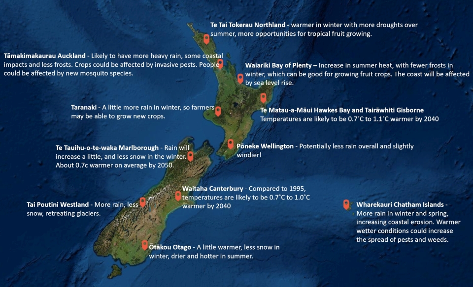 Expected climate change by region. Image: LEARNZ.