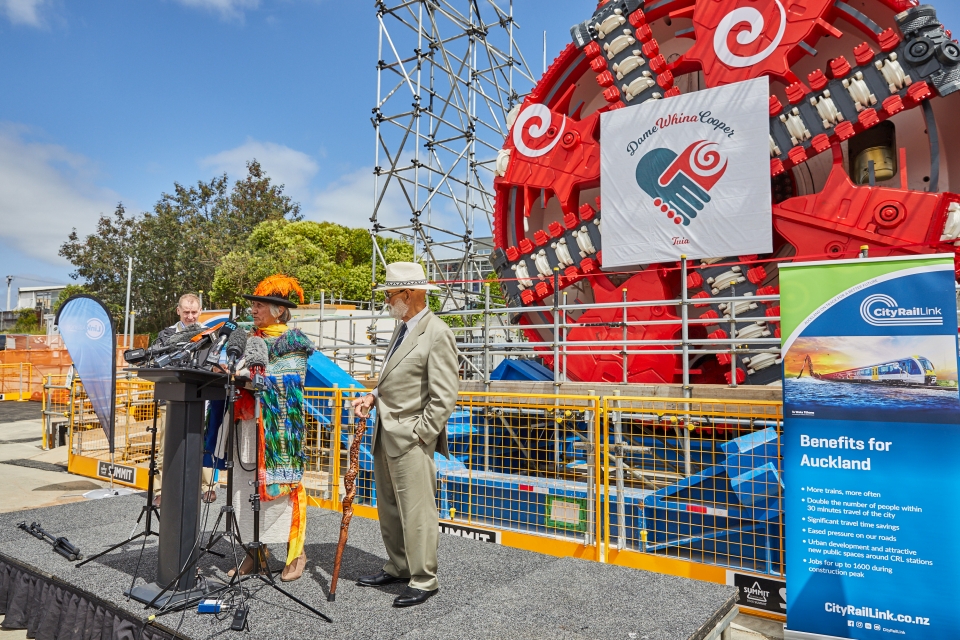 The TBM was blessed by Dame Whina Cooper’s daughter, Hinerangi Puru Cooper, and her wider whānau at the Mt Eden construction site in December 2020. Image: Link Alliance.