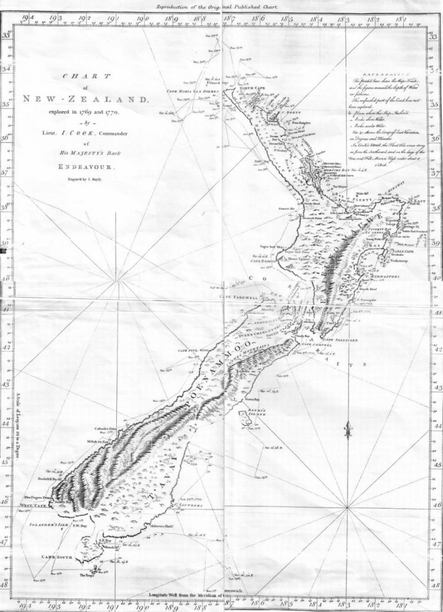 The chart of New Zealand made by Captain Cook during his 1770 voyage of exploration in the Pacific. Image: Public Domain. 