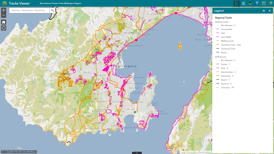 This GIS system shows different grades of walking and mountain biking trails in Wellington