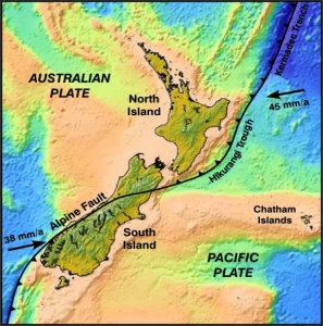 The Hikurangi Trough marks the boundary between the Australian and subducting Pacific Plate. Image: CIRES