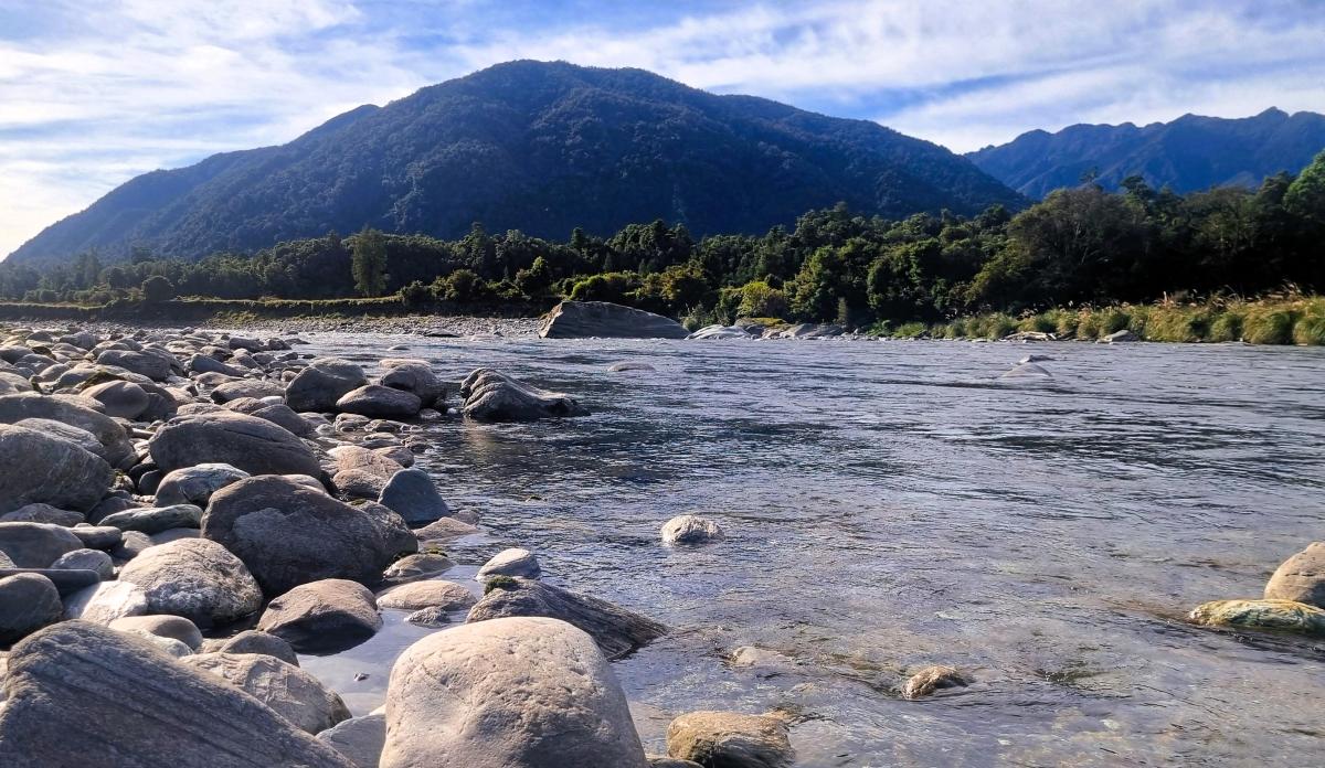 Tamaahua turned Waitaiki into pounamu and placed her gently in the waters of the Arahura river. Image: LEARNZ.