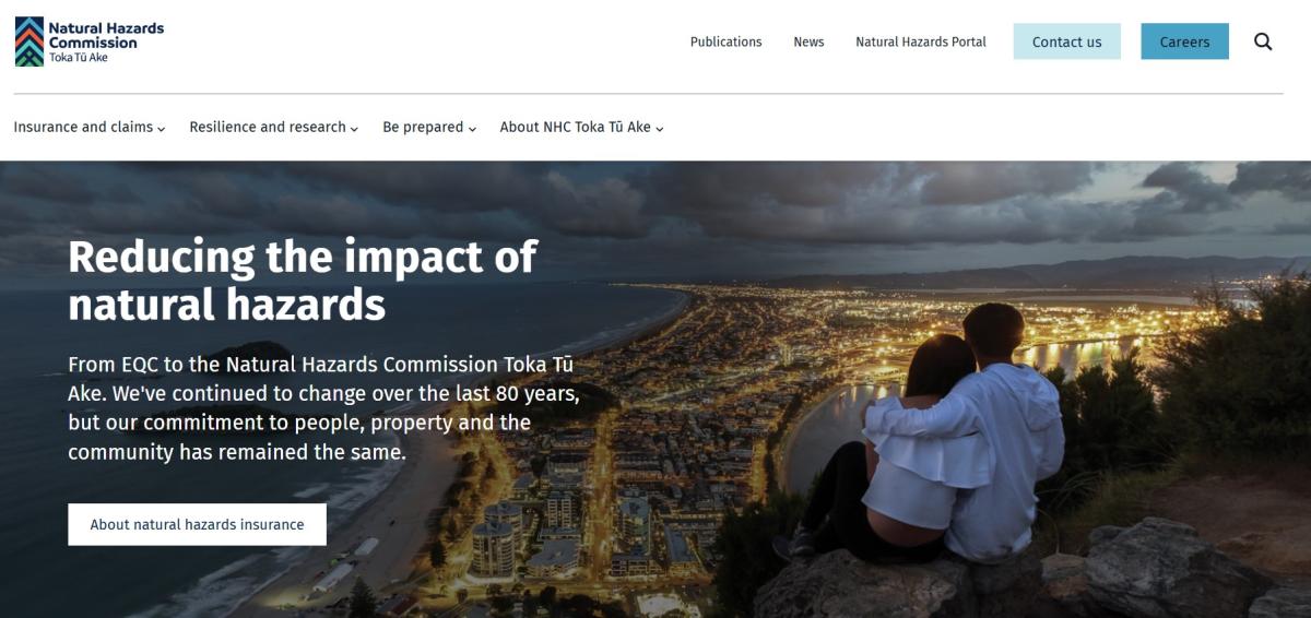 The Natural Hazards Commission Toka Tū Ake helps property owners if their homes or land are damaged by the impacts of natural hazards. Image: NHC website homepage.