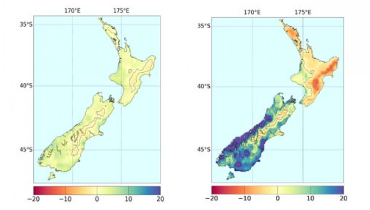 Precipitation change under reduced and current greenhouse gas emission levels. Image: NIWA.