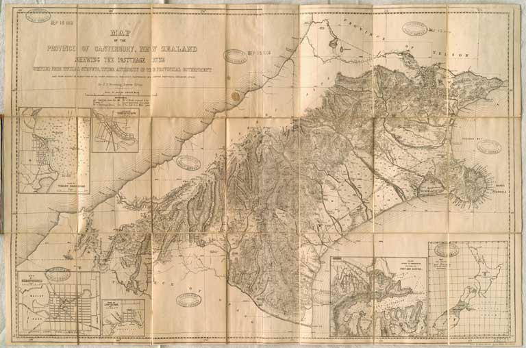 During colonisation, New Zealand was divided into provinces. This image shows a Map of the Province of Canterbury from the 1860s. Image: https://christchurchcitylibraries.com/heritage/maps/220035.asp.