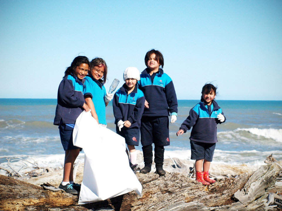 You could help clean up a beach or river in your area like these students from Tiaho Primary, Wairoa, who are cleaning up at Whakamahi. Image: Sustainable Coastlines.