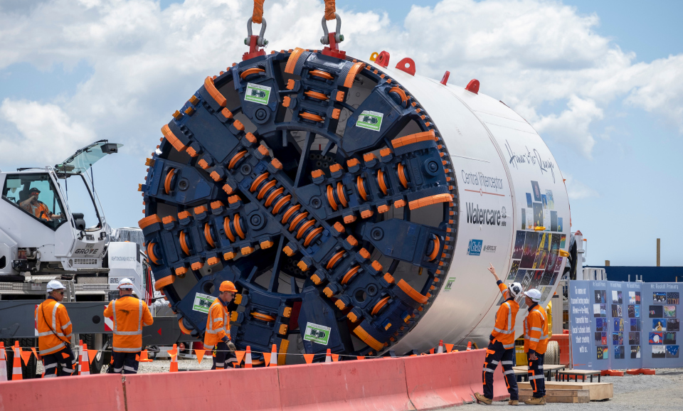 An image showing the TBM cutter head. The cutter head rotates, grinding rock away. The cutters are selected and put together specifically for the ground conditions it will be working in. Image: Watercare.