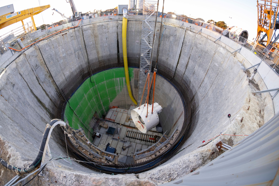 Part of the TBM being lowered into the inlet shaft. Image: Watercare.