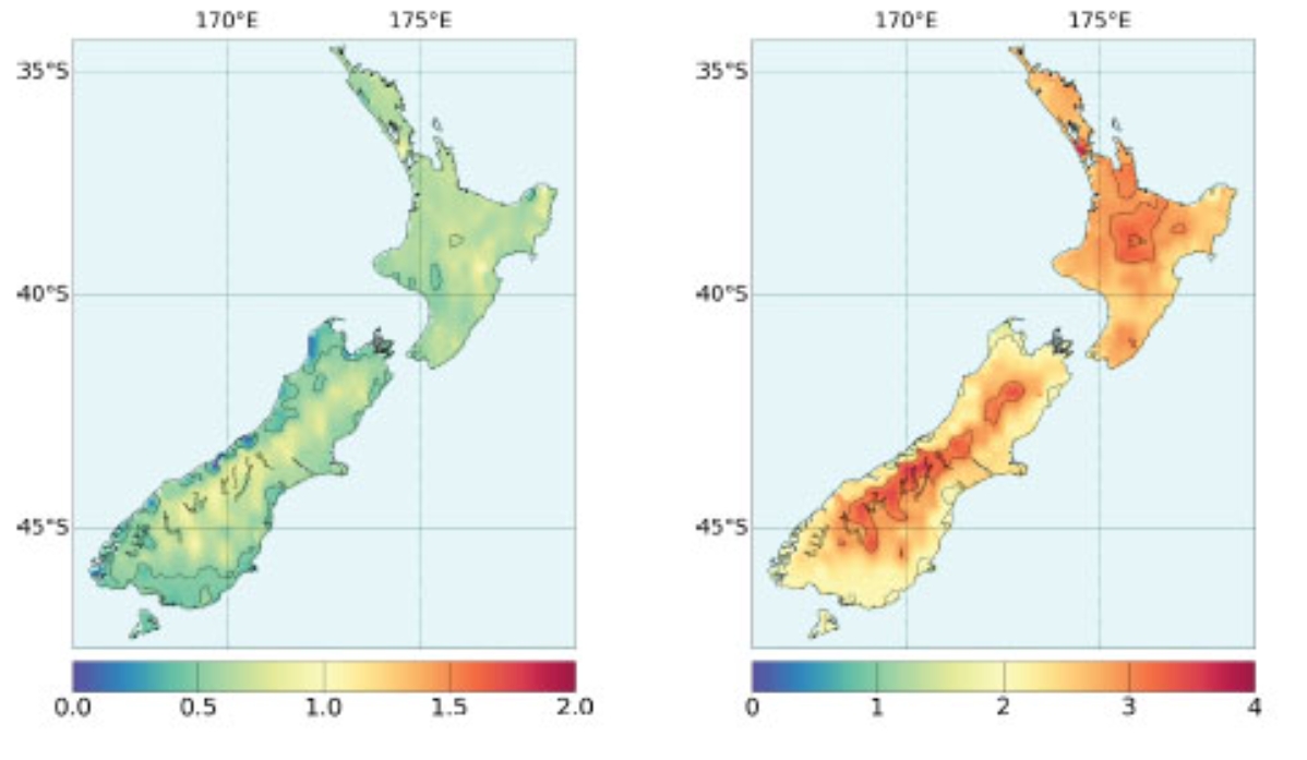 The green map shows average temperature change under reduced greenhouse gas emissions, while the red map shows average temperatures if current levels of greenhouse gas emissions continue. Image: NIWA.