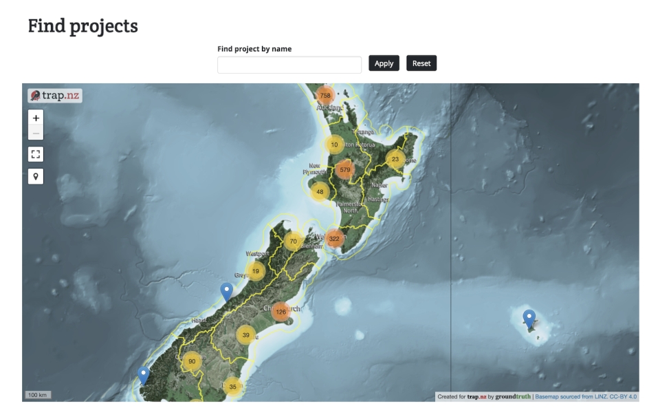 TrapNZ uses layered maps and colour coding to show which traps catch the most predators, and how. Image: TrapNZ.